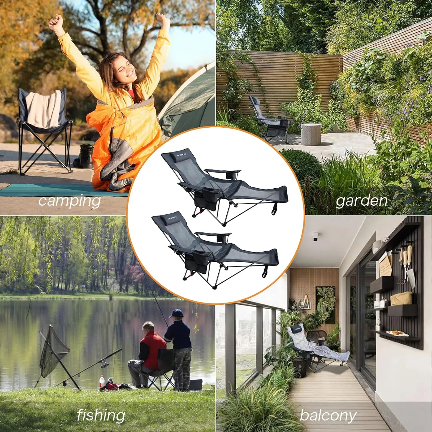 Reclining Camping Chair with Removable Footrest Lounge Chair with Headrest, Cotton Cushion, Portable Adjustable Folding Chairs