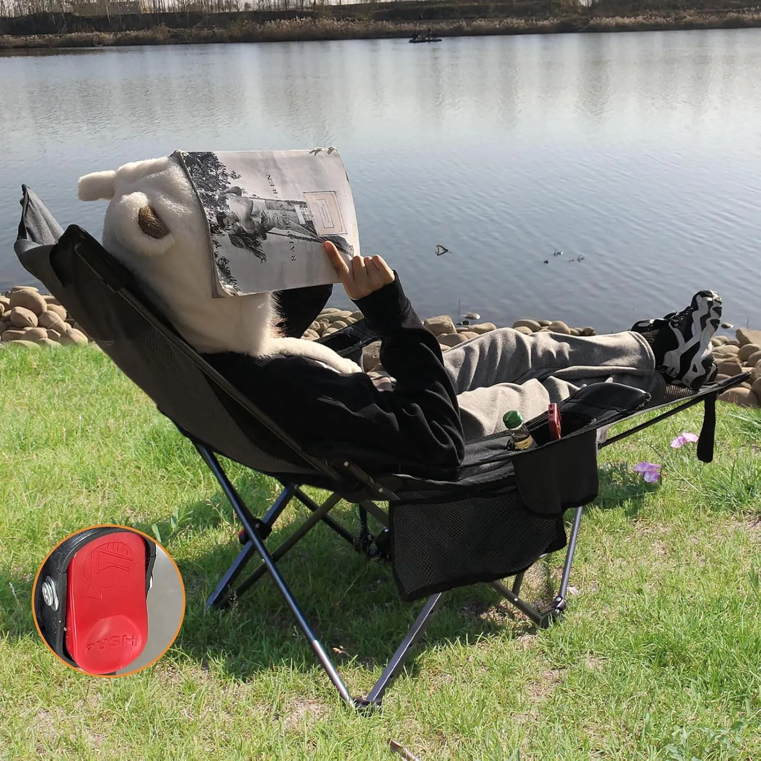 Reclining Camping Chair with Removable Footrest Lounge Chair with Headrest, Cotton Cushion, Portable Adjustable Folding Chairs