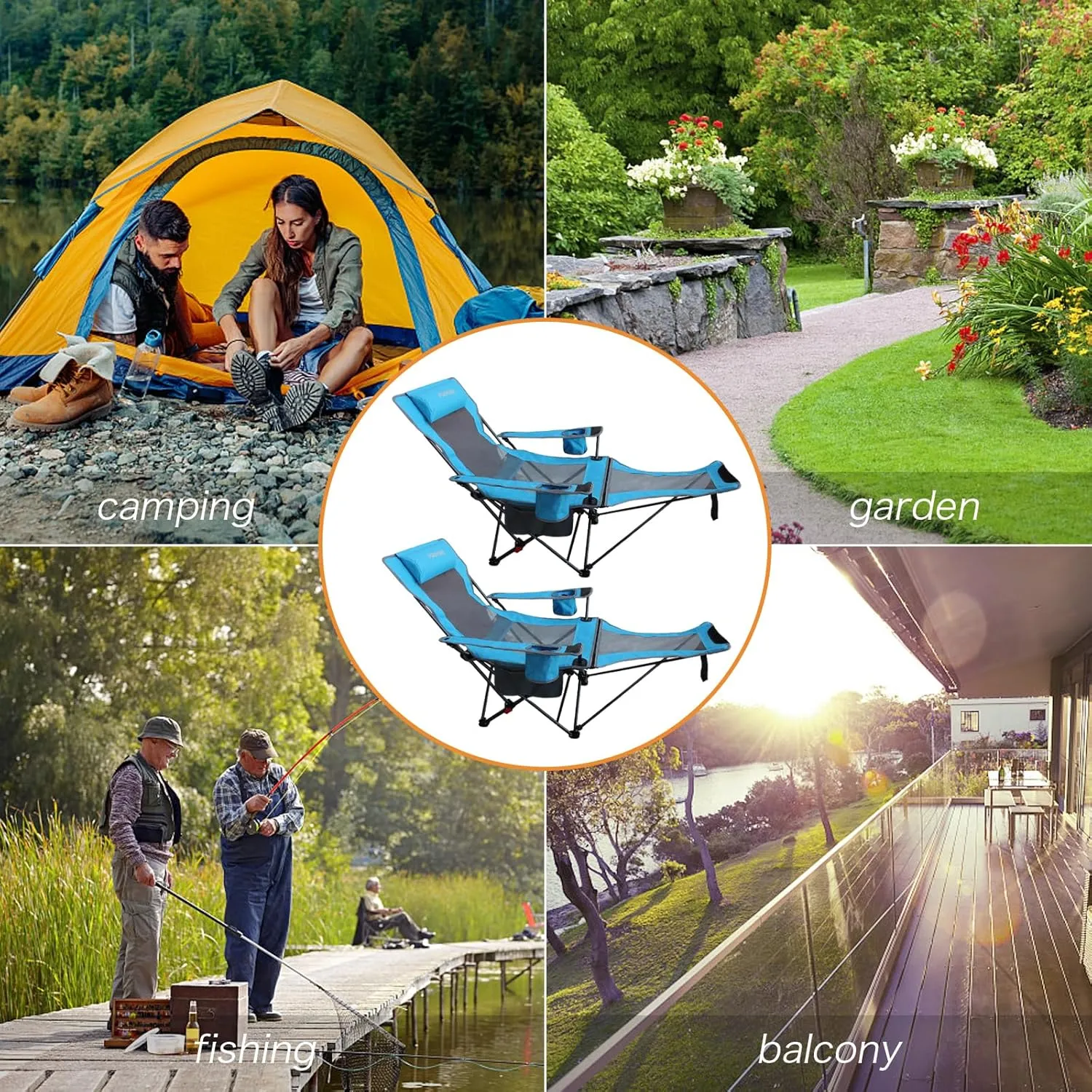 Reclining Camping Chair with Removable Footrest Lounge Chair with Headrest, Cotton Cushion, Portable Adjustable Folding Chairs