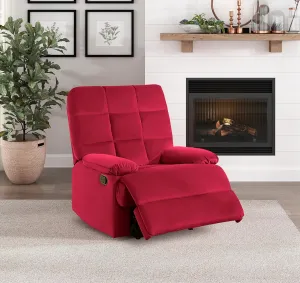 Reclining Chair Red Velvet Upholstery with Square Tufted Back and Pillowtop Arms, Modern Living Room Design