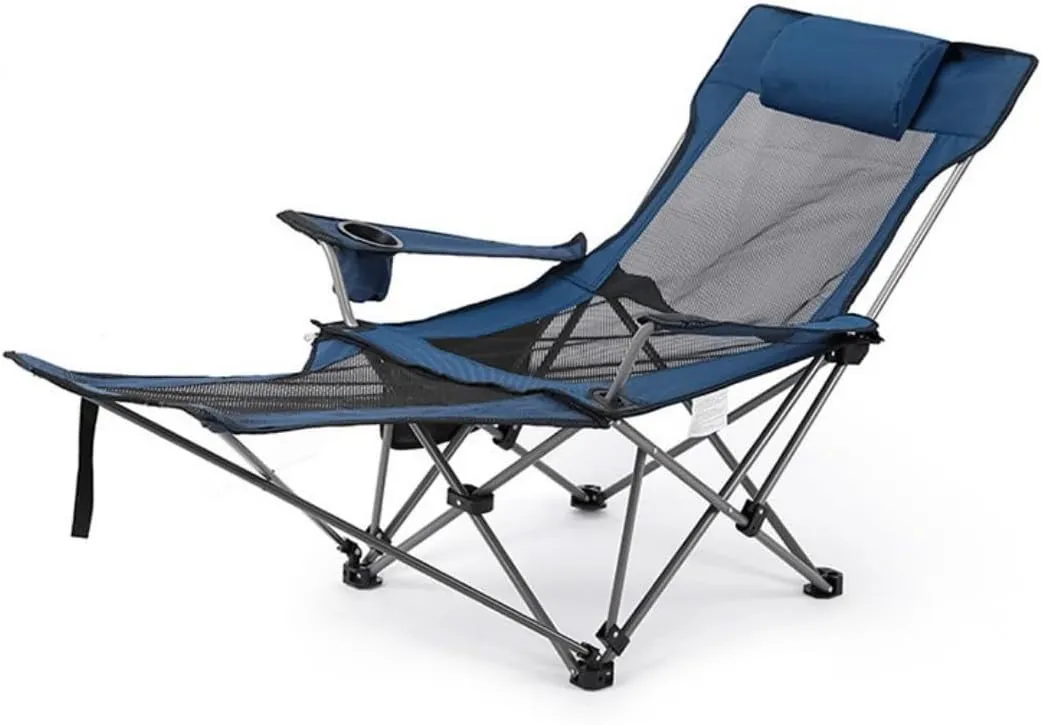 Reclining Folding Camping Chair with Removabel Footrest, Portable Folding Camping Chair with Footrest, Mesh Reclining Design, Cup Holder, Navy Blue and Gray