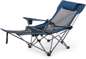 Reclining Folding Camping Chair with Removabel Footrest, Portable Folding Camping Chair with Footrest, Mesh Reclining Design, Cup Holder, Navy Blue and Gray