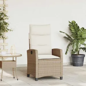 Reclining Patio Chair with Foldable Side Table Beige Poly Rattan Outdoor Lounge Chair Adjustable Backrest Thick Cushions Weather-Resistant Furniture for Poolside Backyard Deck
