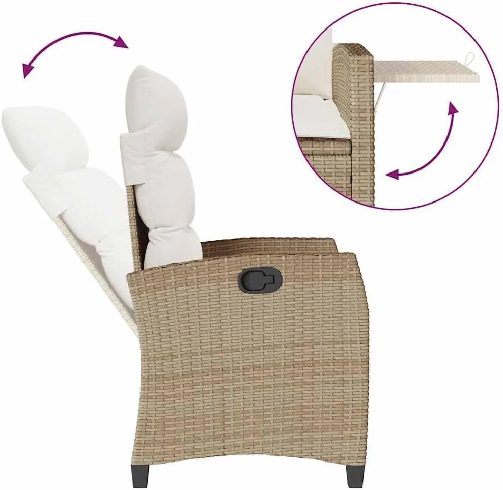 Reclining Patio Chair with Foldable Side Table Beige Poly Rattan Outdoor Lounge Chair Adjustable Backrest Thick Cushions Weather-Resistant Furniture for Poolside Backyard Deck