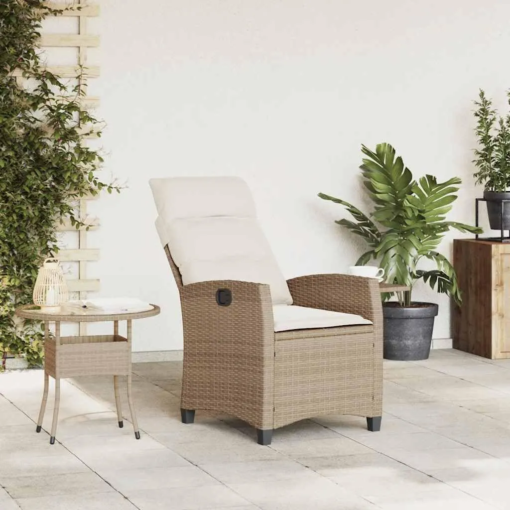Reclining Patio Chair with Foldable Side Table Beige Poly Rattan Outdoor Lounge Chair Adjustable Backrest Thick Cushions Weather-Resistant Furniture for Poolside Backyard Deck