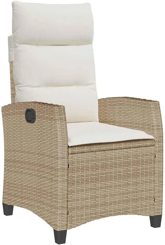 Reclining Patio Chair with Foldable Side Table Beige Poly Rattan Outdoor Lounge Chair Adjustable Backrest Thick Cushions Weather-Resistant Furniture for Poolside Backyard Deck
