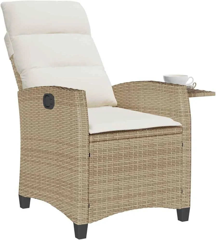 Reclining Patio Chair with Foldable Side Table Beige Poly Rattan Outdoor Lounge Chair Adjustable Backrest Thick Cushions Weather-Resistant Furniture for Poolside Backyard Deck