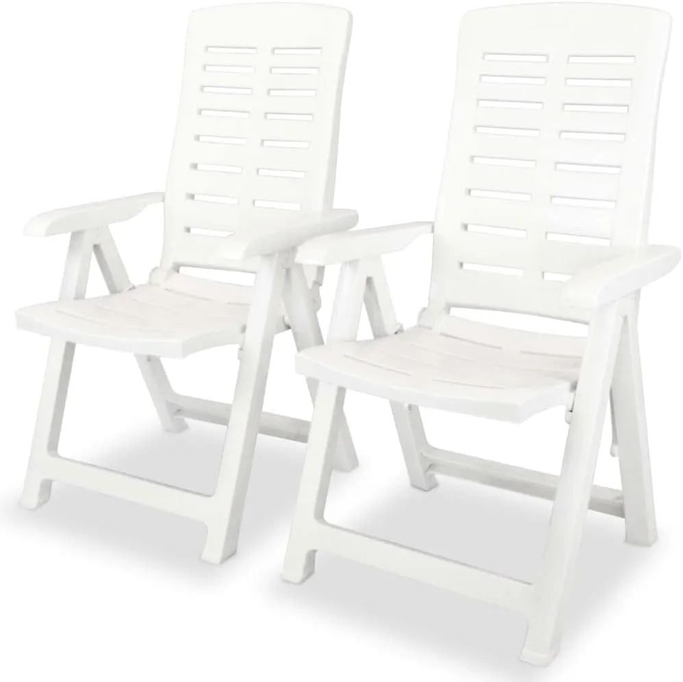 Reclining Patio Chairs 2 pcs Outdoor Plastic White Foldable Lounge Chairs for Garden, Patio, Balcony, Beach, Camping, and Lawn