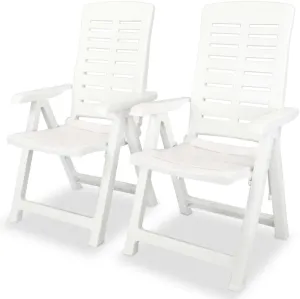 Reclining Patio Chairs 2 pcs Outdoor Plastic White Foldable Lounge Chairs for Garden, Patio, Balcony, Beach, Camping, and Lawn
