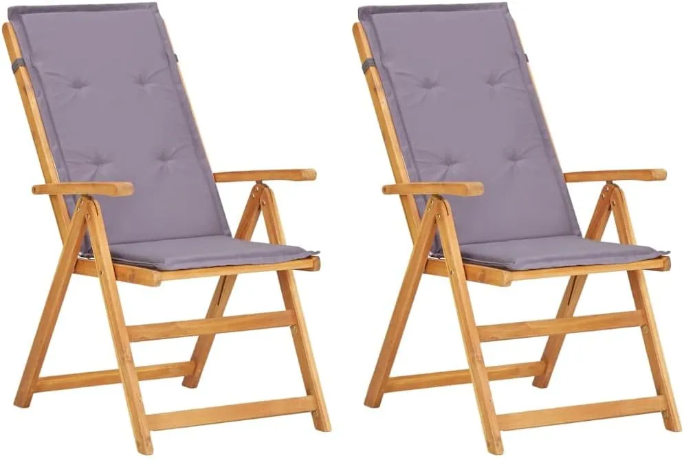 Reclining Patio Chairs 2-Piece Solid Acacia Wood Outdoor Furniture Set with Adjustable Backrest, Foldable Dark Gray Lounge Chairs for Poolside Backyard Deck