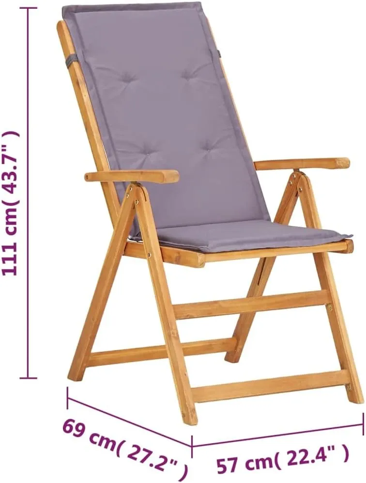 Reclining Patio Chairs 2-Piece Solid Acacia Wood Outdoor Furniture Set with Adjustable Backrest, Foldable Dark Gray Lounge Chairs for Poolside Backyard Deck