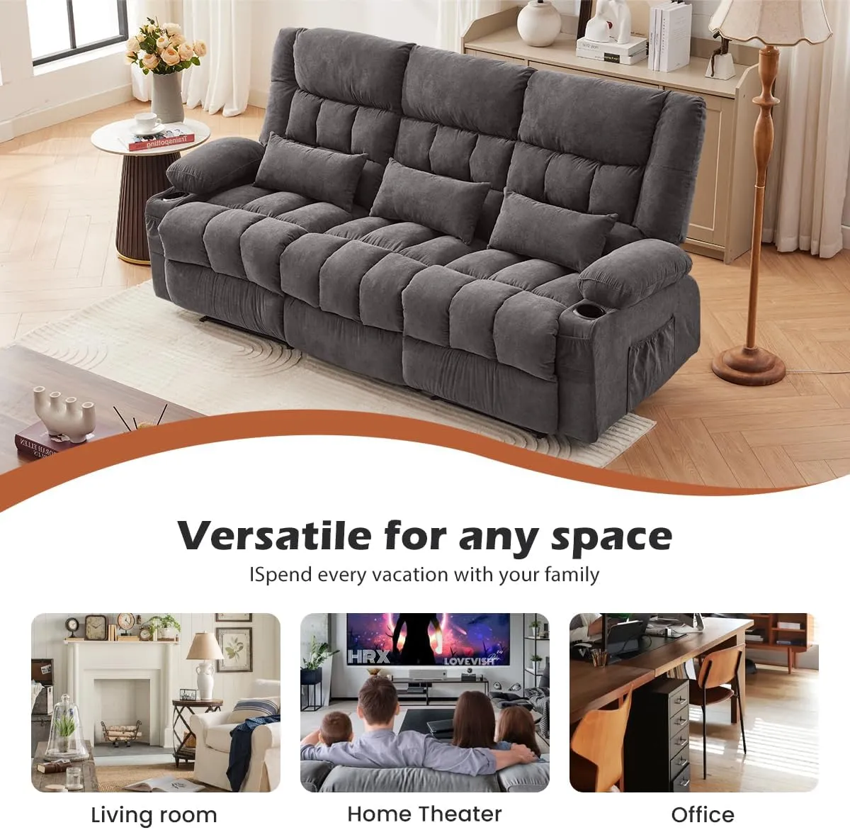 Reclining Sofa with Cup Holders for Living Room 3 Seat Manual Sofa Recliner with Side Pocket