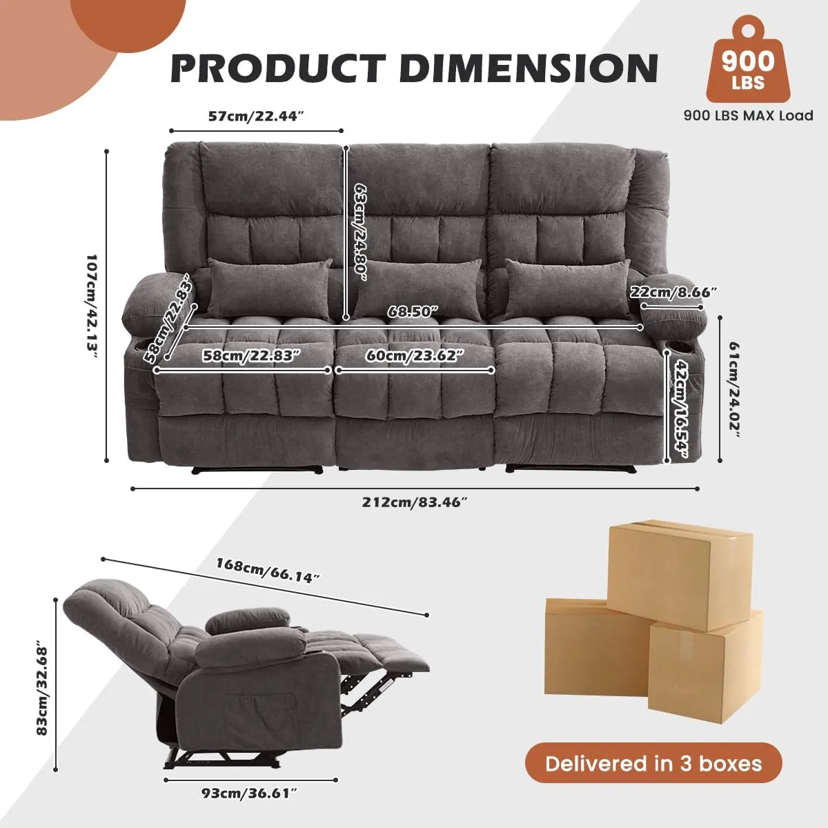 Reclining Sofa with Cup Holders for Living Room 3 Seat Manual Sofa Recliner with Side Pocket