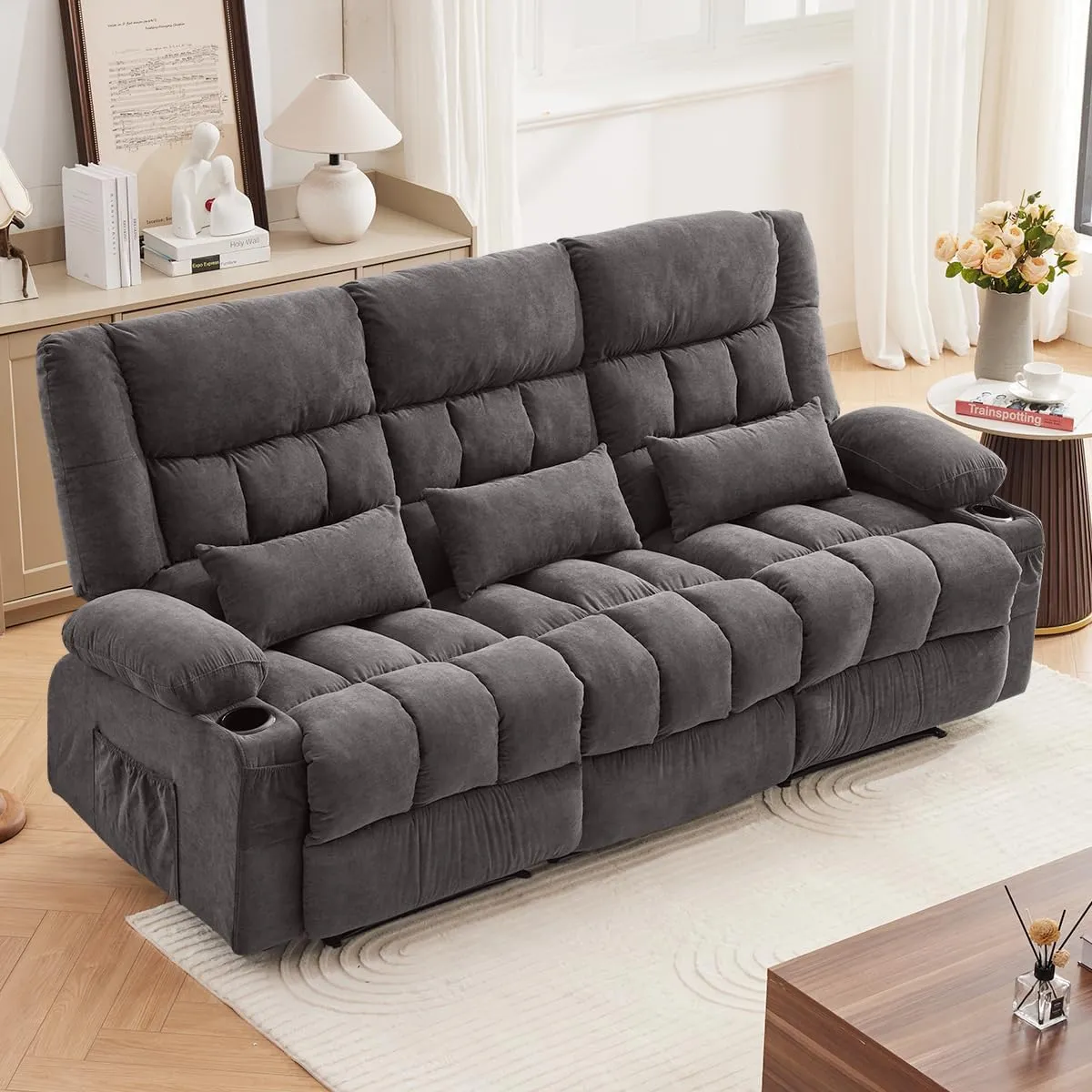 Reclining Sofa with Cup Holders for Living Room 3 Seat Manual Sofa Recliner with Side Pocket