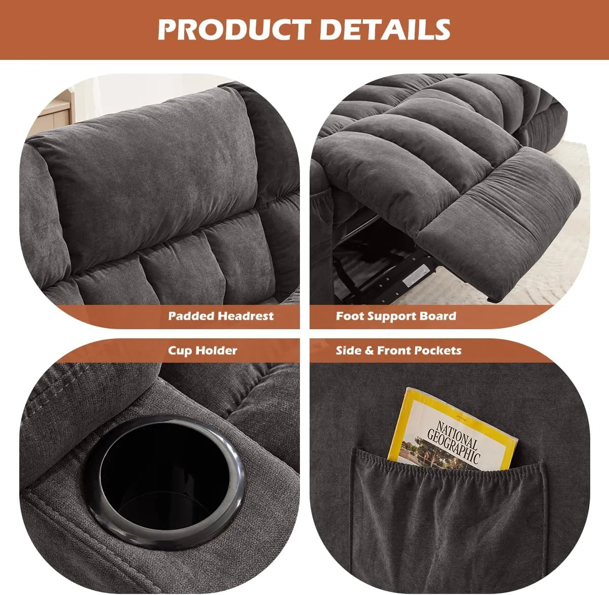 Reclining Sofa with Cup Holders for Living Room 3 Seat Manual Sofa Recliner with Side Pocket
