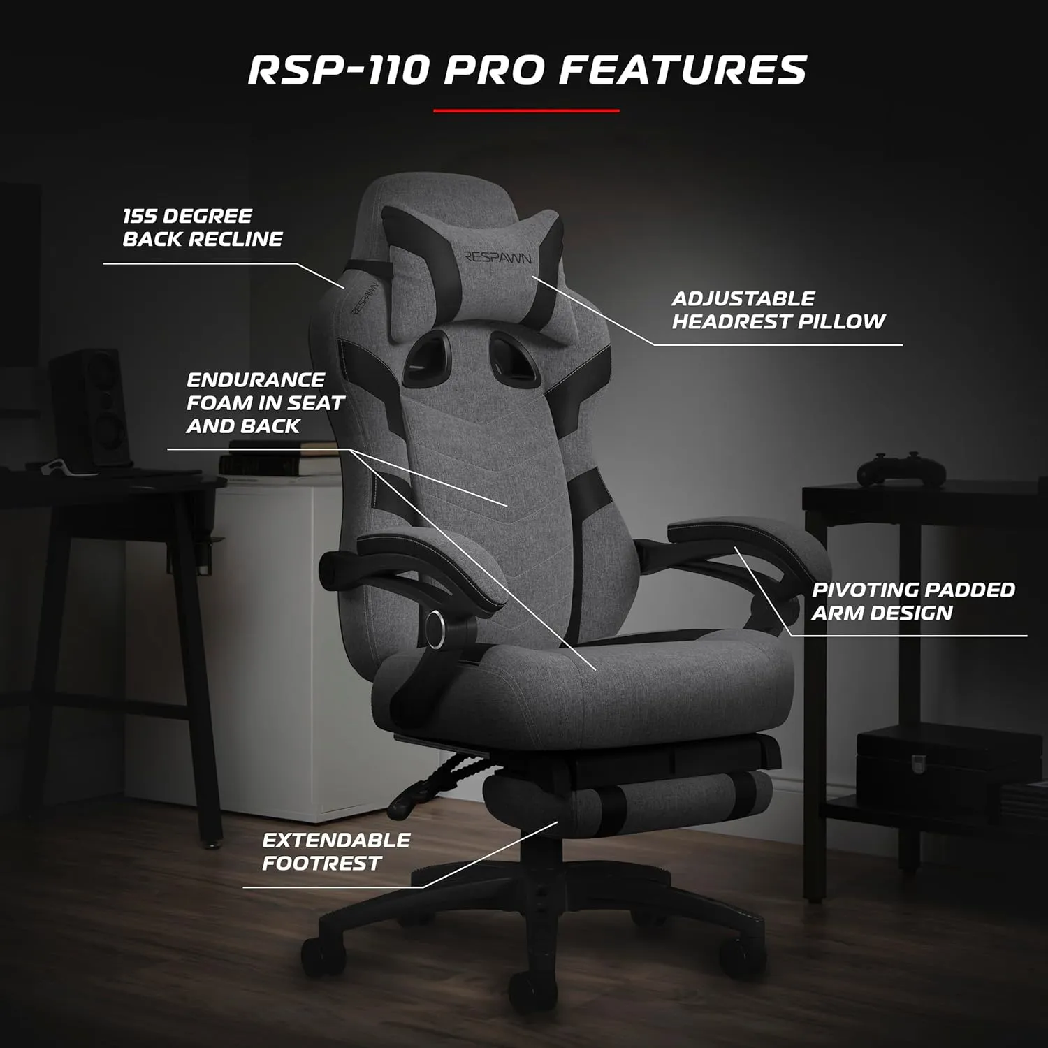 RESPAWN 110 Pro Gaming Chair - Gaming Chair with Footrest, Reclining Gaming Chair, Video Gaming Computer Desk Chair, Adjustable Desk Chair, Gaming Chairs for Adults with Headrest Pillow - Grey Fabric
