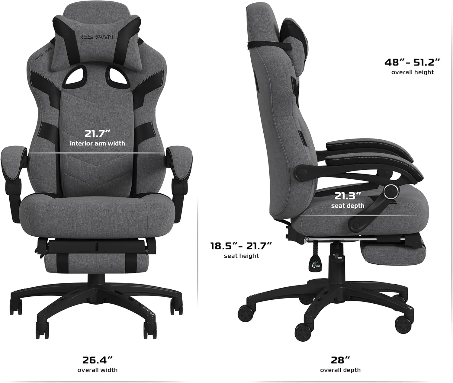 RESPAWN 110 Pro Gaming Chair - Gaming Chair with Footrest, Reclining Gaming Chair, Video Gaming Computer Desk Chair, Adjustable Desk Chair, Gaming Chairs for Adults with Headrest Pillow - Grey Fabric