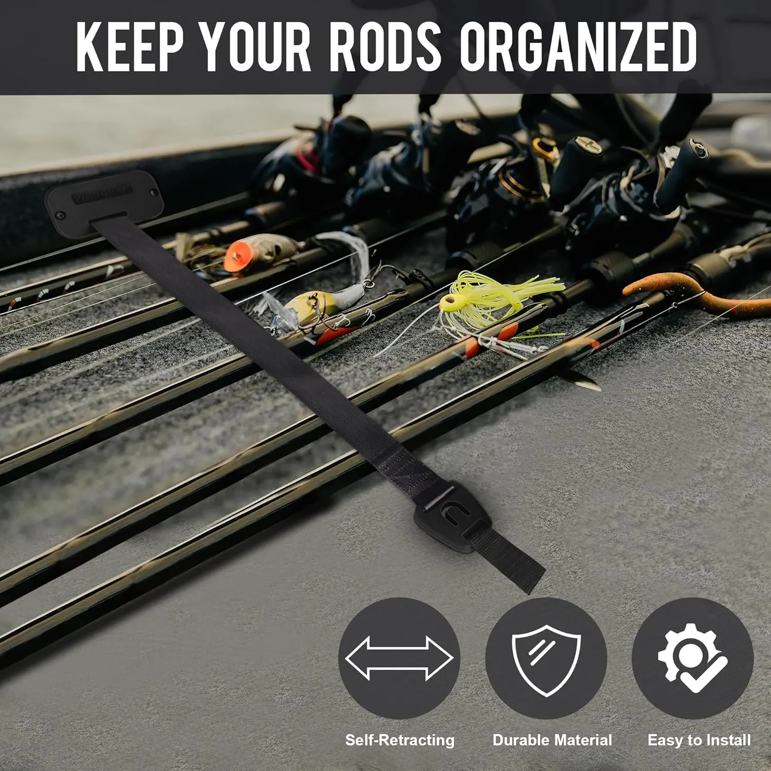 Retractable Rod Straps for Fishing Rods, Gunwale/Deck Mount Self-Retracting Tie-Down Straps, F14200 Rod Saver Strap Fishing Rod Holder, Fishing Pole Holders for Boat Deck, Black