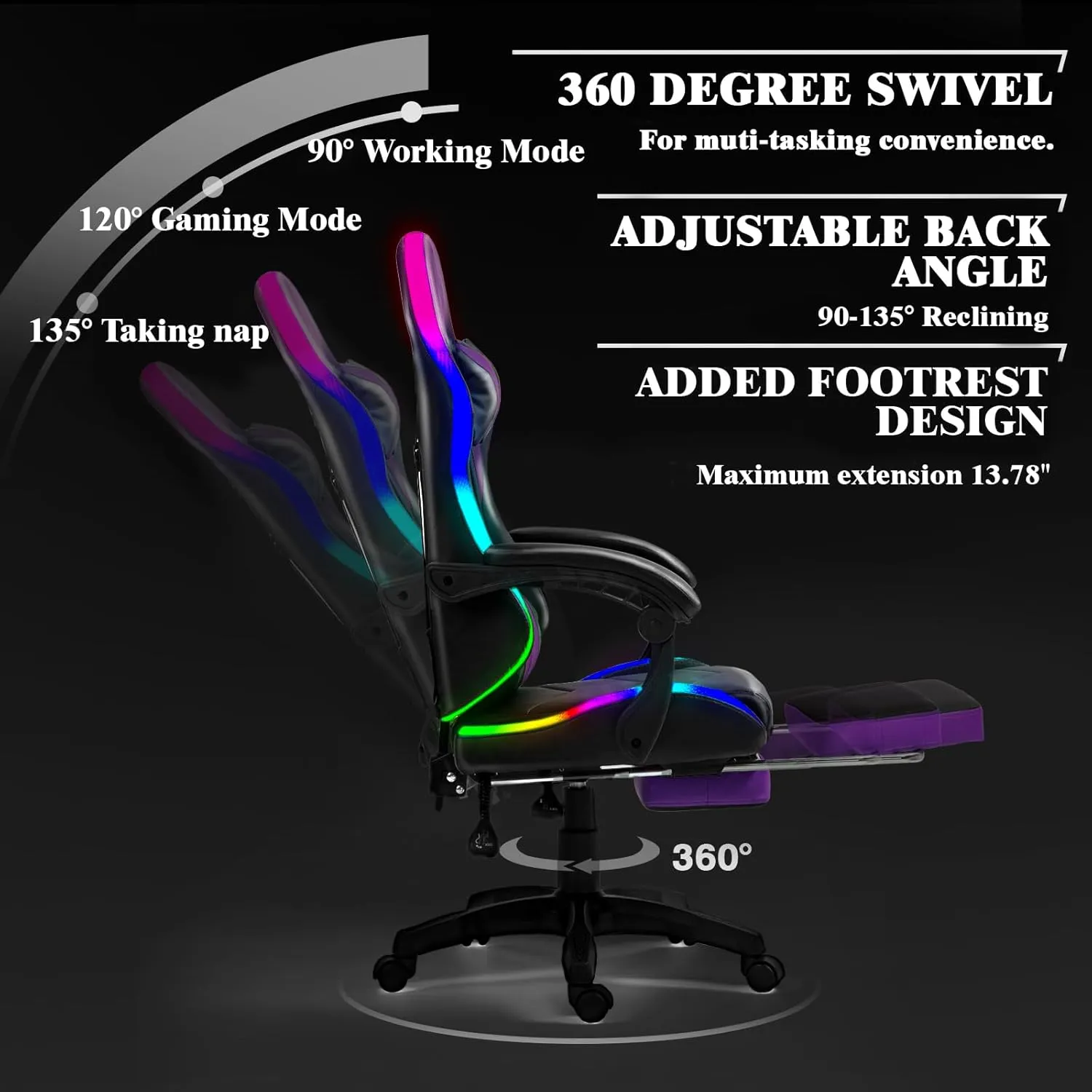 RGB LED Lights Gaming Chair with Footrest for Adults and Kids, Lumbar Support Massager Video Game Chair, High Back Reclining Gamer Chair with Headrest, Swivel Office Computer Desk Chair(Purple)