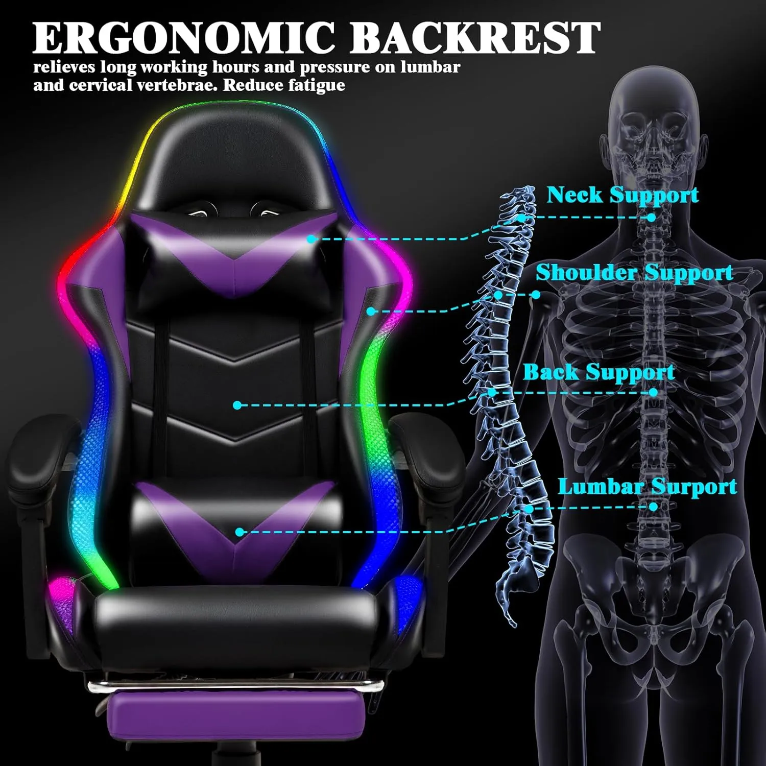 RGB LED Lights Gaming Chair with Footrest for Adults and Kids, Lumbar Support Massager Video Game Chair, High Back Reclining Gamer Chair with Headrest, Swivel Office Computer Desk Chair(Purple)