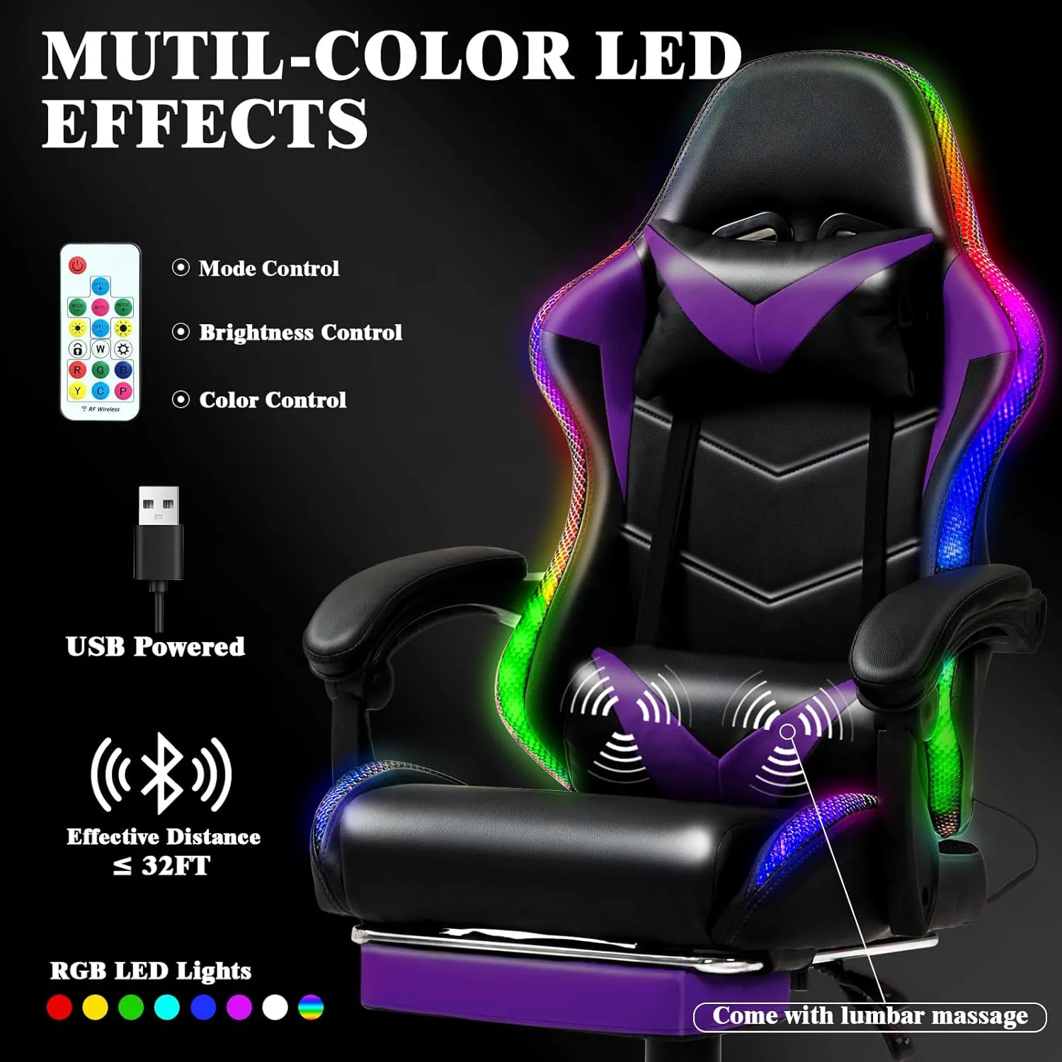 RGB LED Lights Gaming Chair with Footrest for Adults and Kids, Lumbar Support Massager Video Game Chair, High Back Reclining Gamer Chair with Headrest, Swivel Office Computer Desk Chair(Purple)