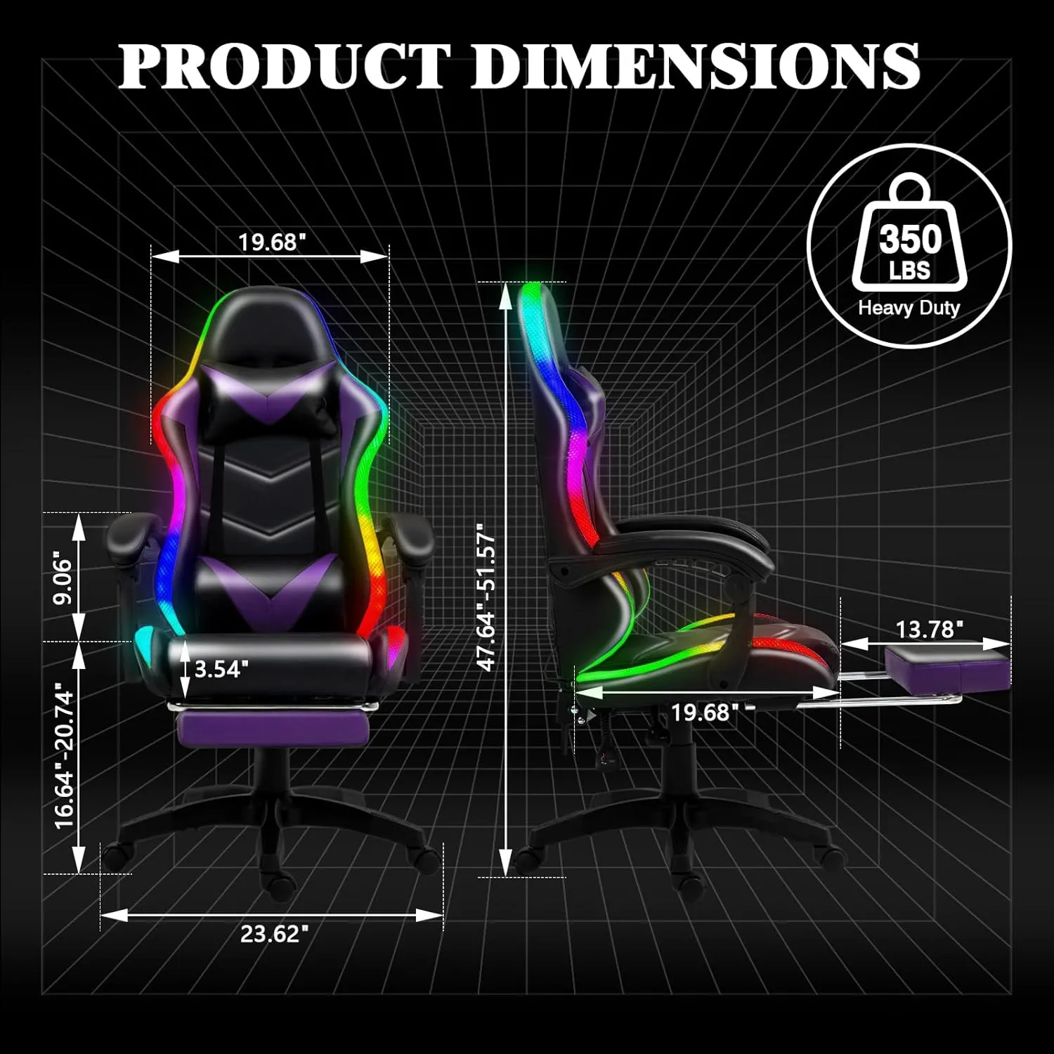 RGB LED Lights Gaming Chair with Footrest for Adults and Kids, Lumbar Support Massager Video Game Chair, High Back Reclining Gamer Chair with Headrest, Swivel Office Computer Desk Chair(Purple)