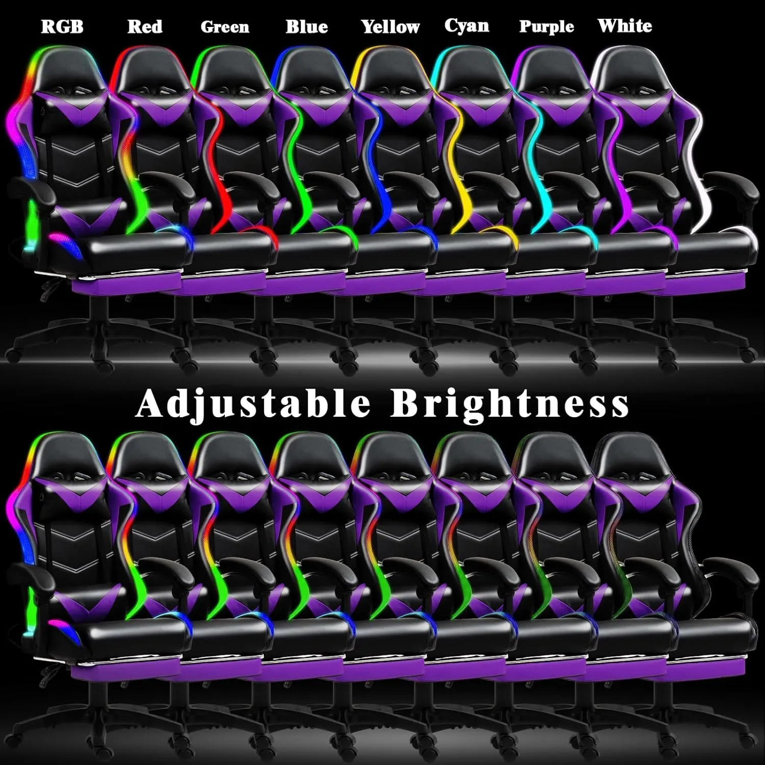 RGB LED Lights Gaming Chair with Footrest for Adults and Kids, Lumbar Support Massager Video Game Chair, High Back Reclining Gamer Chair with Headrest, Swivel Office Computer Desk Chair(Purple)