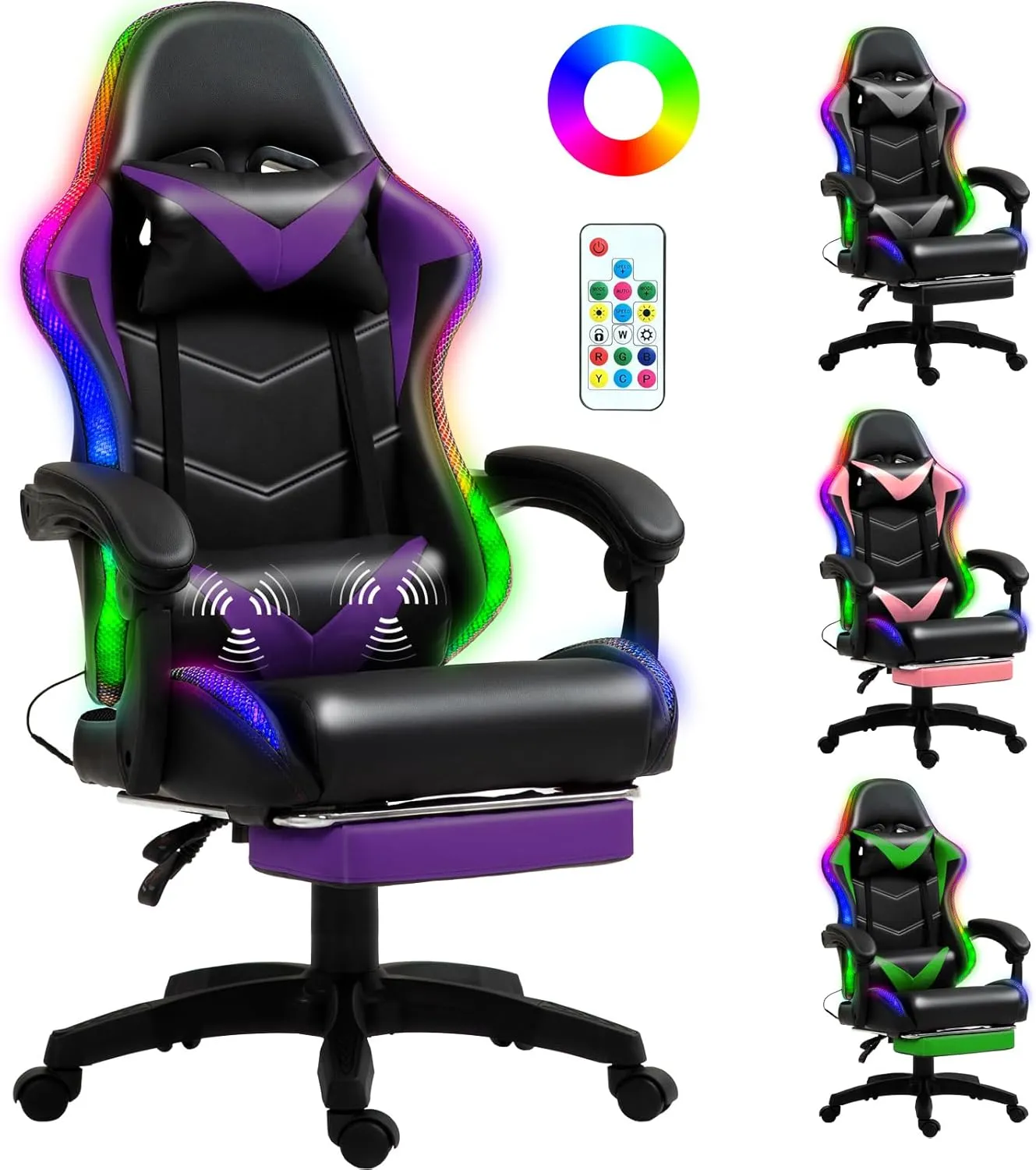 RGB LED Lights Gaming Chair with Footrest for Adults and Kids, Lumbar Support Massager Video Game Chair, High Back Reclining Gamer Chair with Headrest, Swivel Office Computer Desk Chair(Purple)