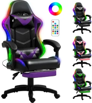 RGB LED Lights Gaming Chair with Footrest for Adults and Kids, Lumbar Support Massager Video Game Chair, High Back Reclining Gamer Chair with Headrest, Swivel Office Computer Desk Chair(Purple)