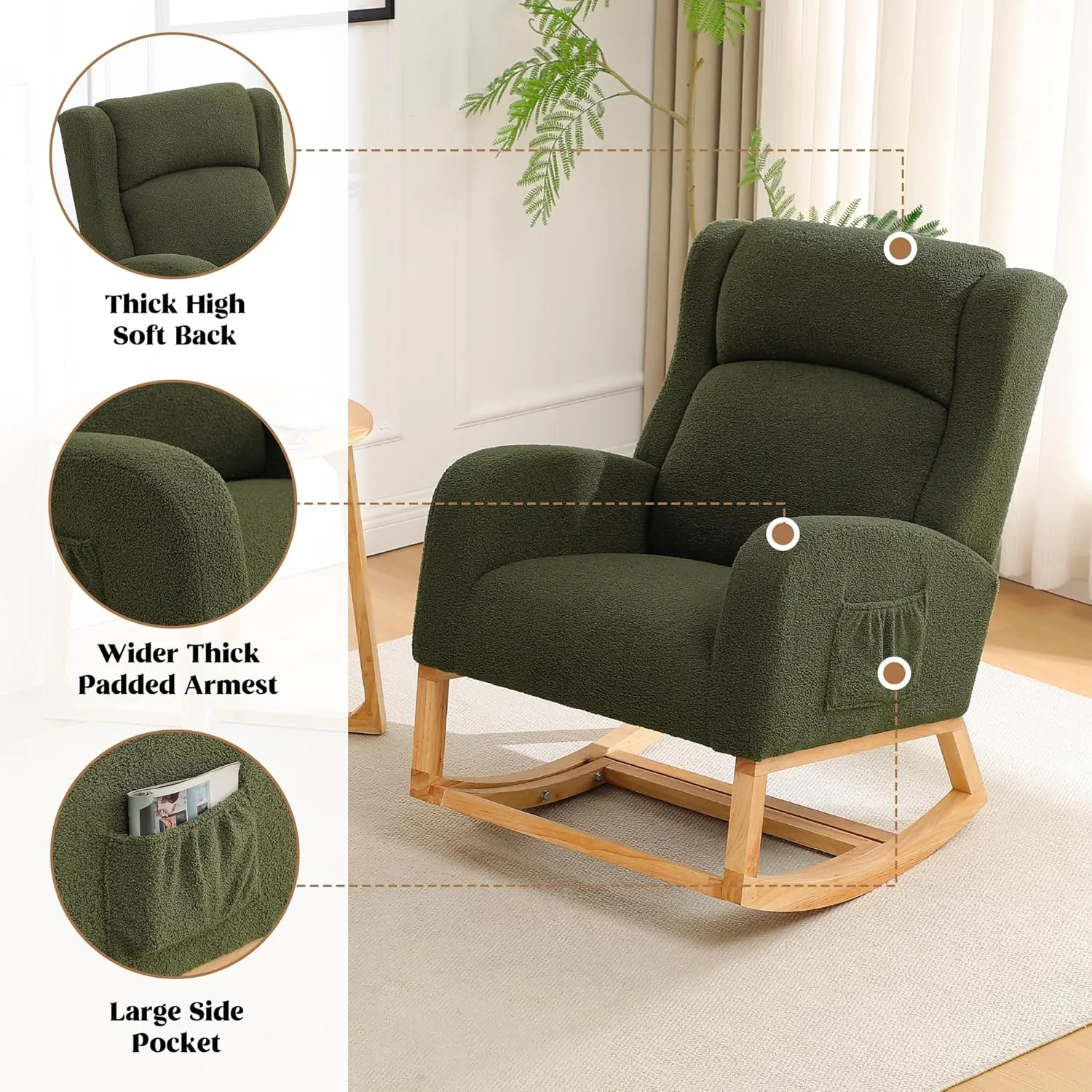 Rocking Chair Nursery, Nursery Rocking Chairs with Foot Rest, Comfy Glider Rocker Nursing Chair with High Back for Nursery, Living Room, Bedroom, Teddy Green