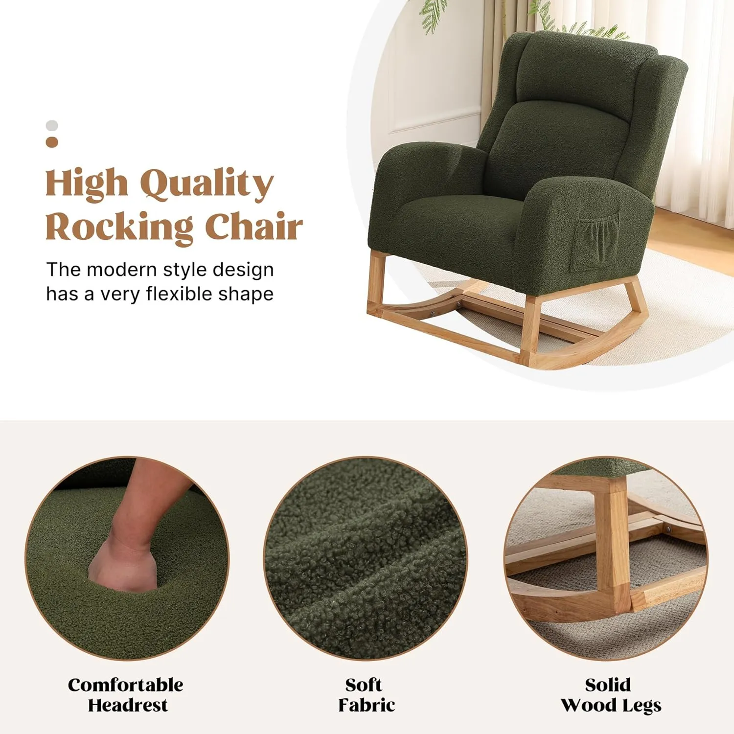 Rocking Chair Nursery, Nursery Rocking Chairs with Foot Rest, Comfy Glider Rocker Nursing Chair with High Back for Nursery, Living Room, Bedroom, Teddy Green