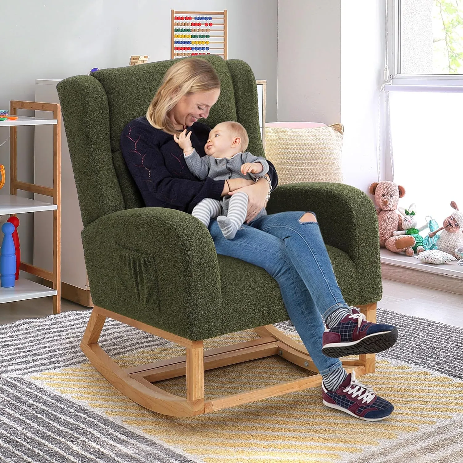 Rocking Chair Nursery, Nursery Rocking Chairs with Foot Rest, Comfy Glider Rocker Nursing Chair with High Back for Nursery, Living Room, Bedroom, Teddy Green