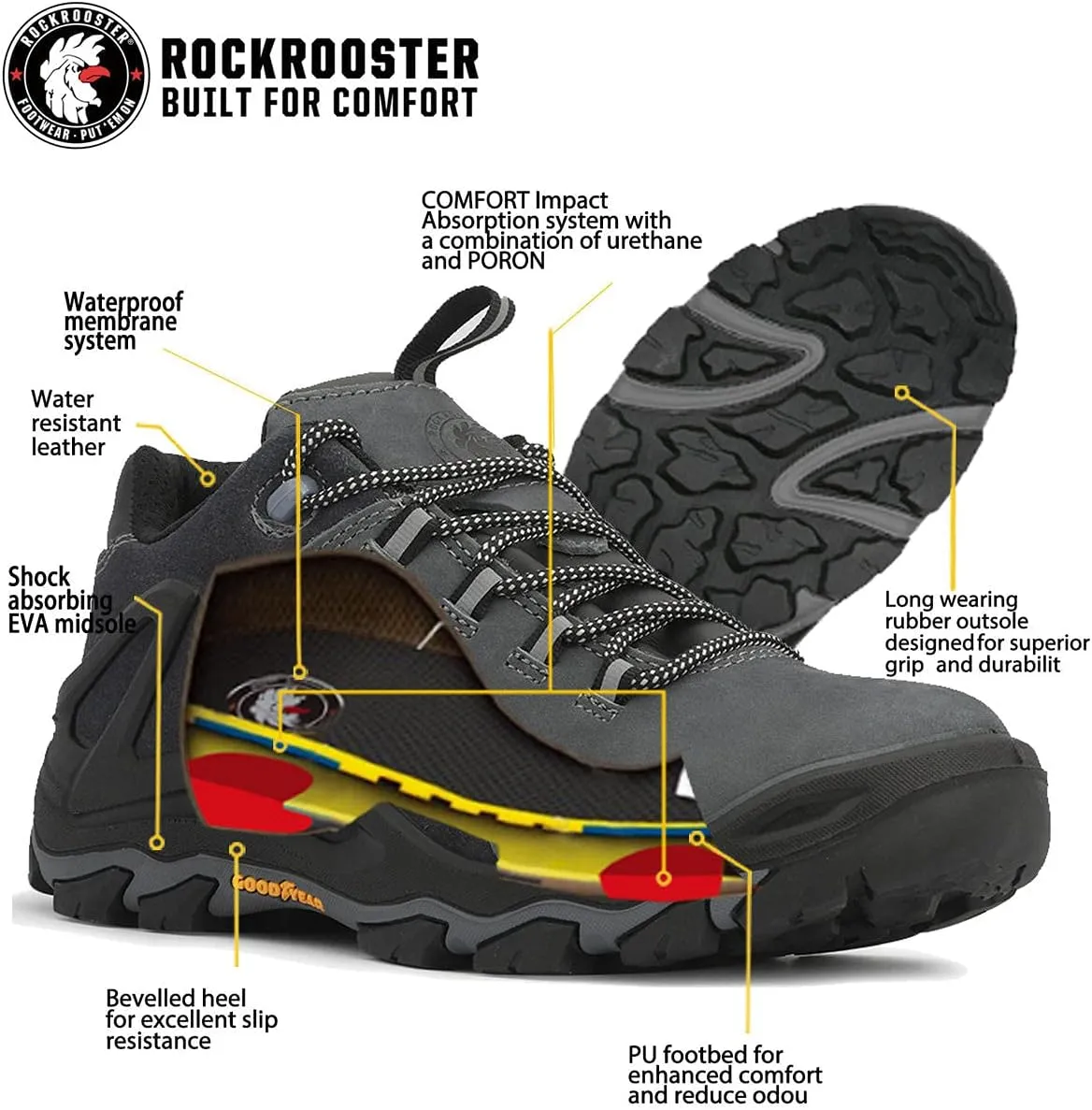 ROCKROOSTER Farland Waterproof Hiking Shoes for Men, 4" Non-Slip Outdoor Trekking Shoes, Anti-Fatigue, Comfortable (KS252 KS253)