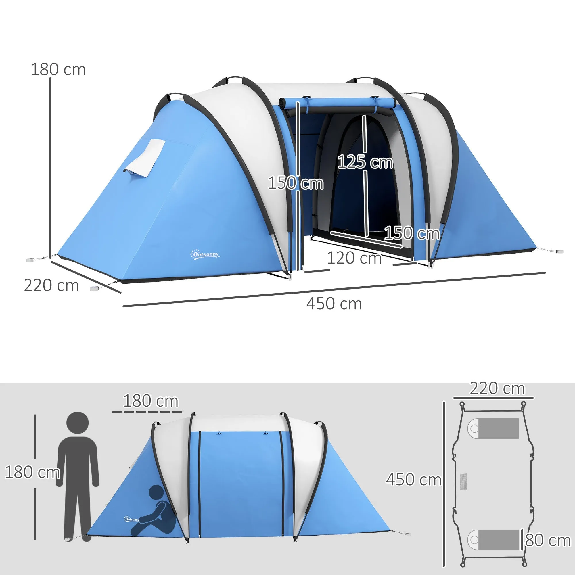Rootz Camping Tent - Family Tent - Tunnel Tent - Waterproof Design - 450cm x 220cm x 180cm - Ideal for 4-5 People Camping Adventures