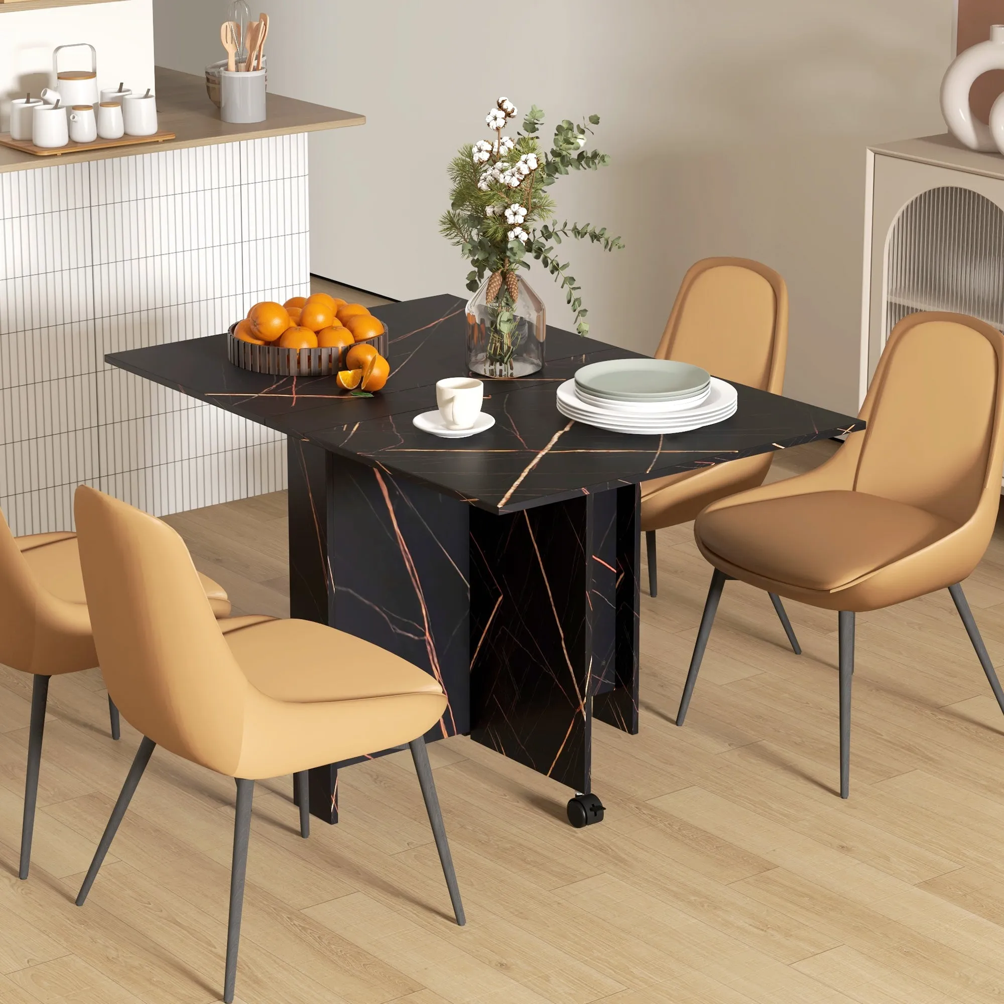 Rootz Foldable Kitchen Table - Dining Table - Space-Saving Table - 2 Wheels with Brakes - 120cm x 80cm x 73cm Black Marbled