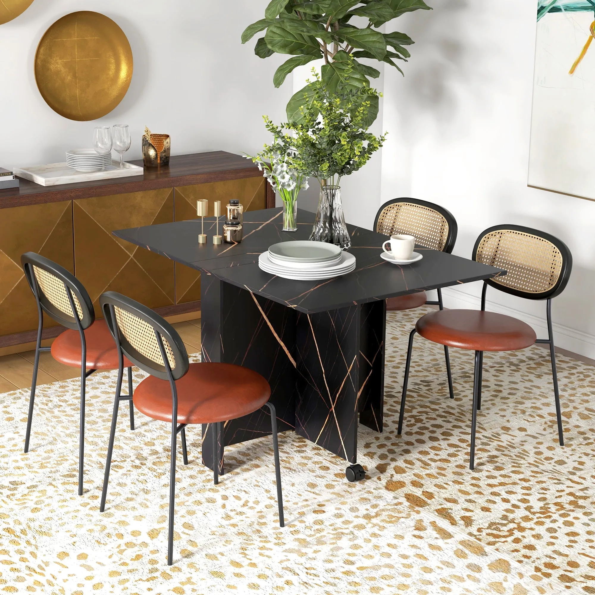 Rootz Foldable Kitchen Table - Dining Table - Space-Saving Table - 2 Wheels with Brakes - 120cm x 80cm x 73cm Black Marbled