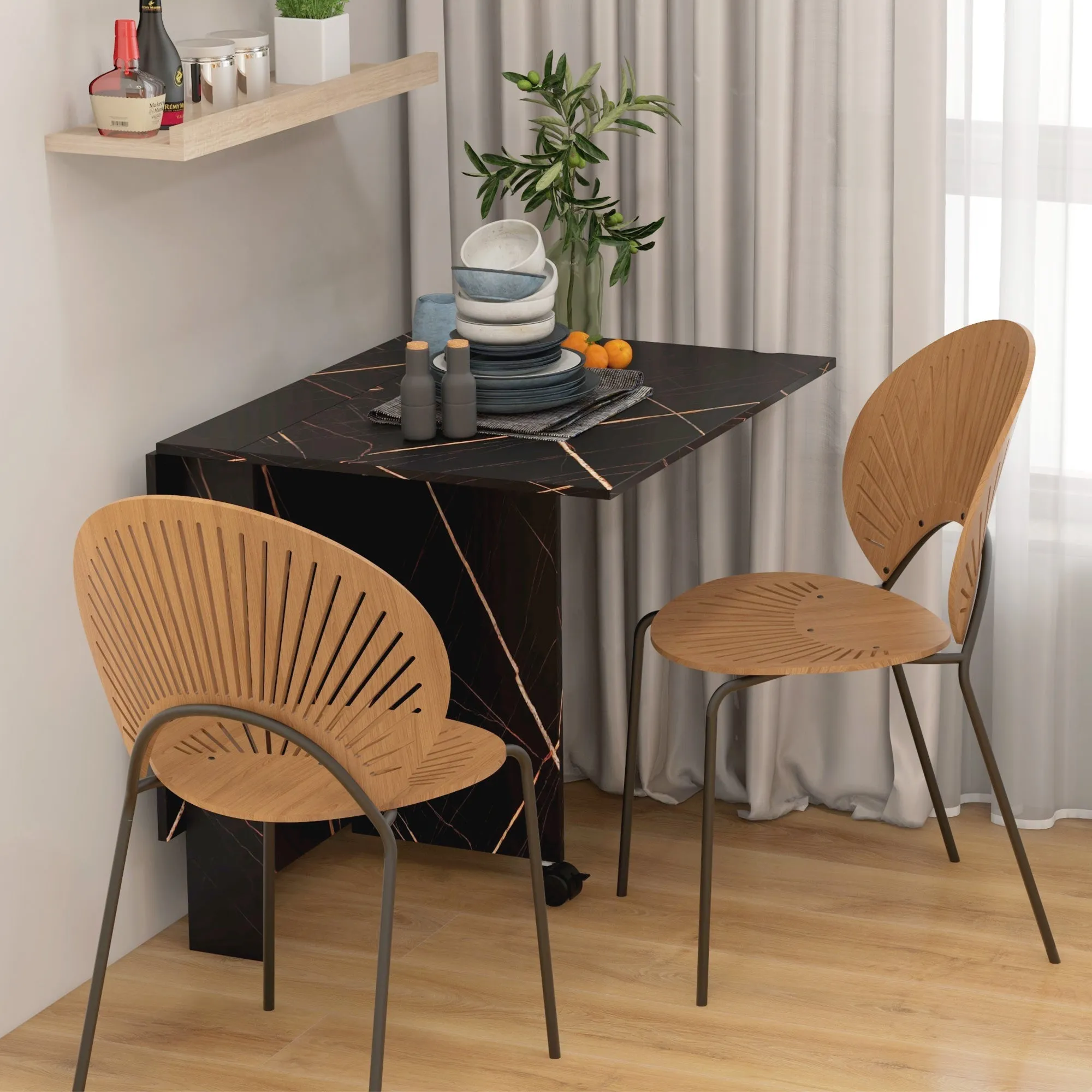 Rootz Foldable Kitchen Table - Dining Table - Space-Saving Table - 2 Wheels with Brakes - 120cm x 80cm x 73cm Black Marbled