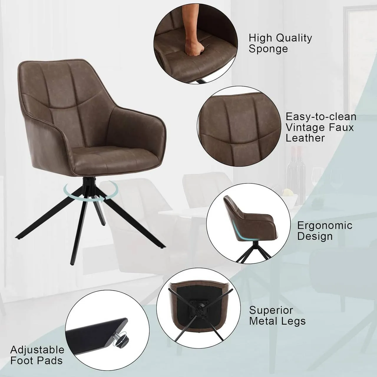 Rootz Swivel Dining Chair - Padded Chair - Vintage Faux Leather - Ergonomic Design - 58cm x 86cm x 63.5cm