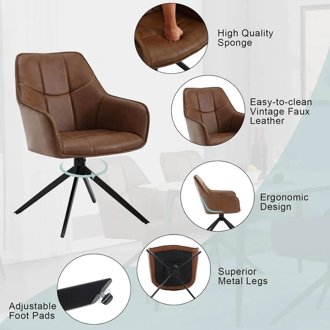 Rootz Swivel Dining Chair - Vintage Faux Leather Chair - Padded Seat - 360° Rotation - 58cm x 86cm x 63.5cm