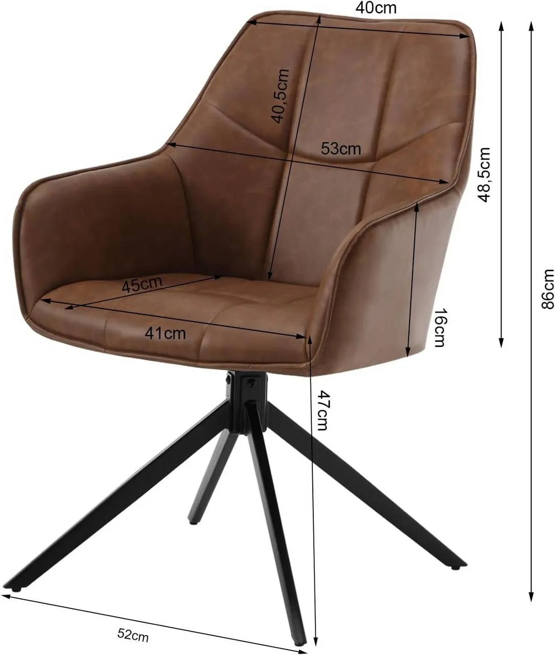 Rootz Swivel Dining Chair - Vintage Faux Leather Chair - Padded Seat - 360° Rotation - 58cm x 86cm x 63.5cm