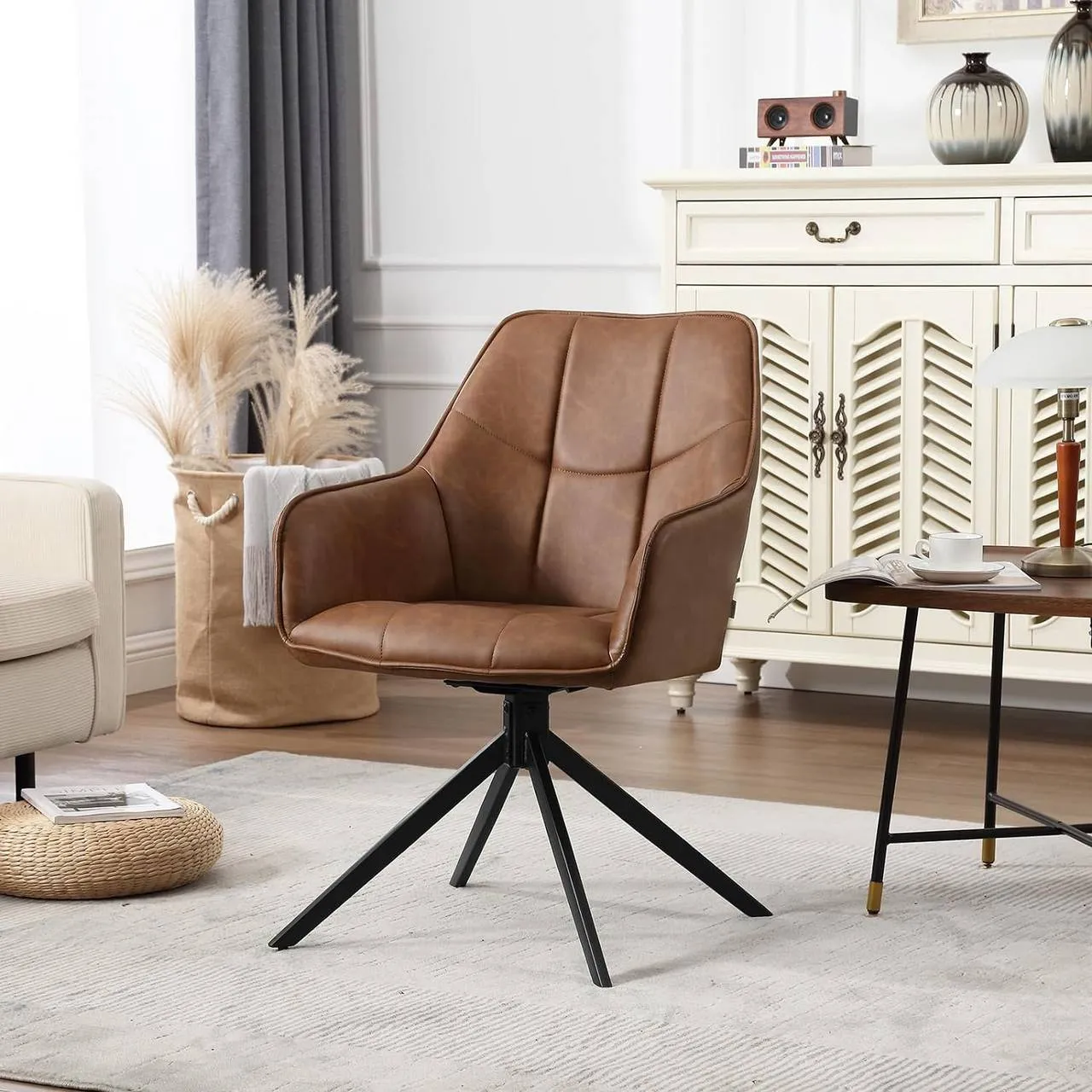 Rootz Swivel Dining Chair - Vintage Faux Leather Chair - Padded Seat - 360° Rotation - 58cm x 86cm x 63.5cm