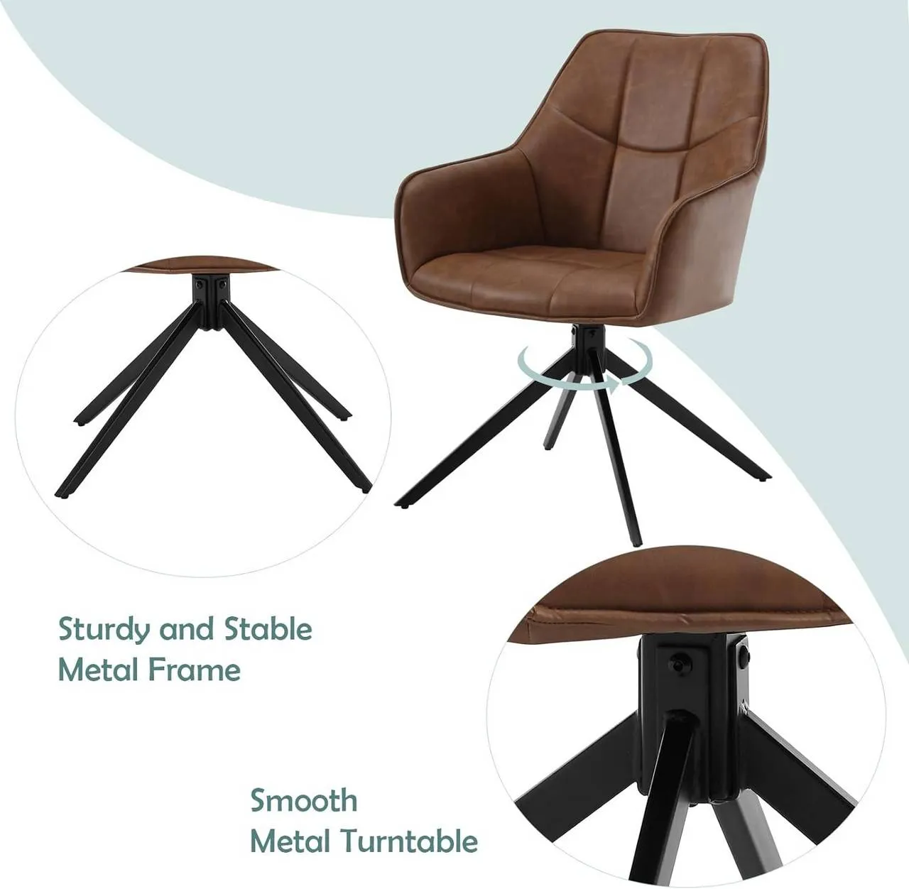 Rootz Swivel Dining Chair - Vintage Faux Leather Chair - Padded Seat - 360° Rotation - 58cm x 86cm x 63.5cm
