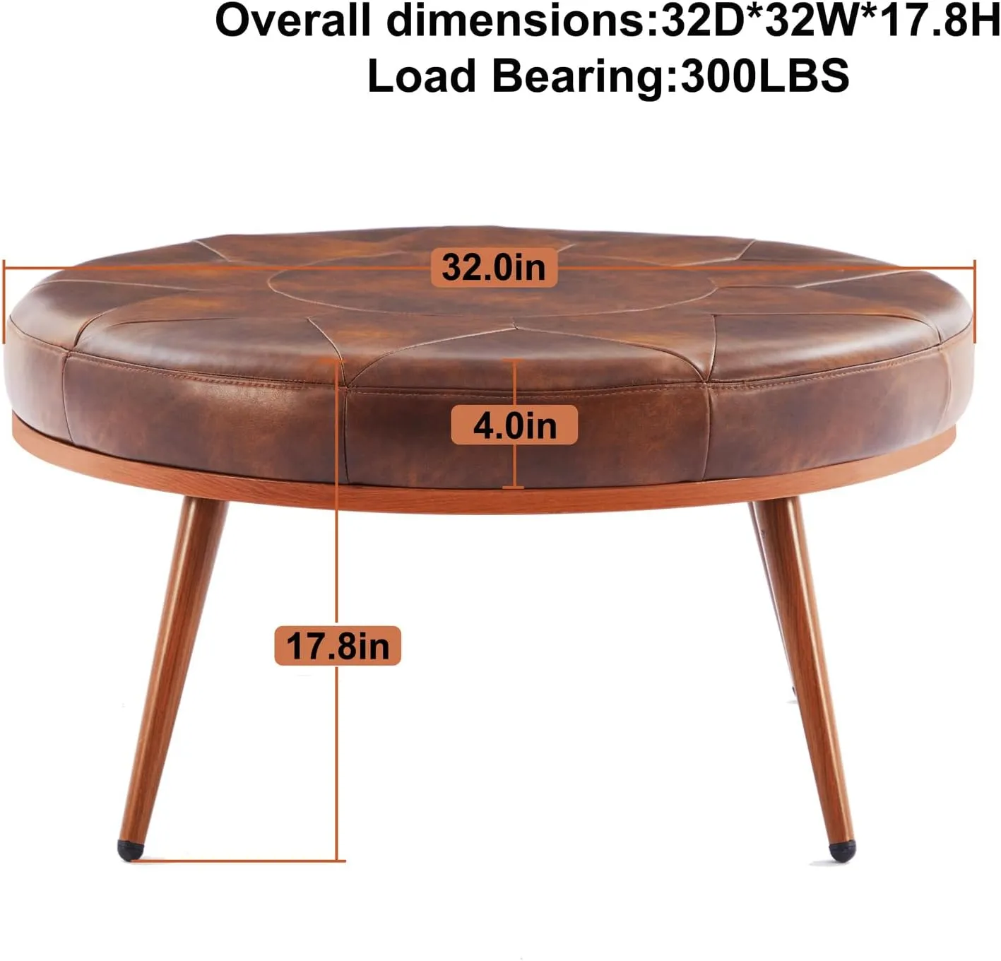 Round Ottoman Coffee Table, Large Faux Leather Cushioned Footstool Ottoman,Stationary Ottomans, Backless Chair, Footrest for Living Room, Bedroom, Padded Seat, Brown
