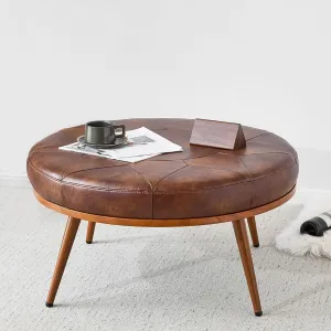 Round Ottoman Coffee Table, Large Faux Leather Cushioned Footstool Ottoman,Stationary Ottomans, Backless Chair, Footrest for Living Room, Bedroom, Padded Seat, Brown