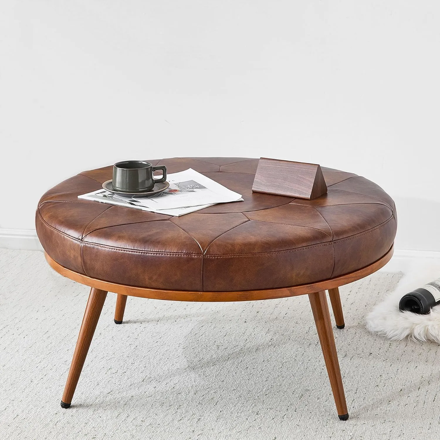 Round Ottoman Coffee Table, Large Faux Leather Cushioned Footstool Ottoman,Stationary Ottomans, Backless Chair, Footrest for Living Room, Bedroom, Padded Seat, Brown