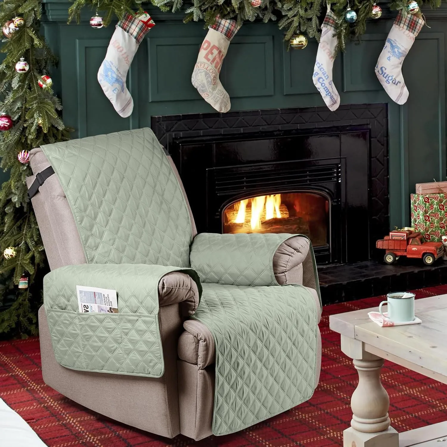 Ruaozz 100% Waterproof Recliner Chair Cover Non-Slip Reclining Cover for Recliner Chair Washable Chair Seat Cover with Elastic Straps for Kids, Dogs, Pets (Sage Green, 25'')