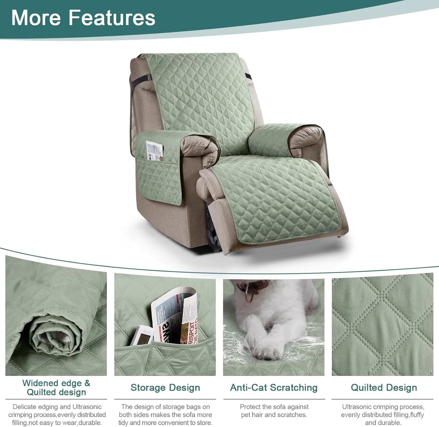 Ruaozz 100% Waterproof Recliner Chair Cover Non-Slip Reclining Cover for Recliner Chair Washable Chair Seat Cover with Elastic Straps for Kids, Dogs, Pets (Sage Green, 25'')