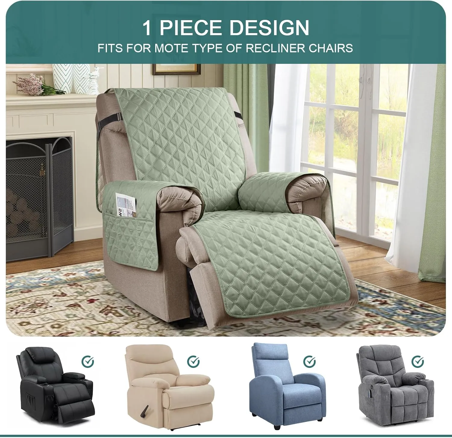 Ruaozz 100% Waterproof Recliner Chair Cover Non-Slip Reclining Cover for Recliner Chair Washable Chair Seat Cover with Elastic Straps for Kids, Dogs, Pets (Sage Green, 25'')