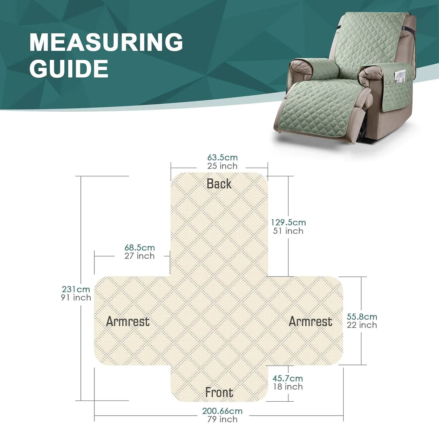 Ruaozz 100% Waterproof Recliner Chair Cover Non-Slip Reclining Cover for Recliner Chair Washable Chair Seat Cover with Elastic Straps for Kids, Dogs, Pets (Sage Green, 25'')