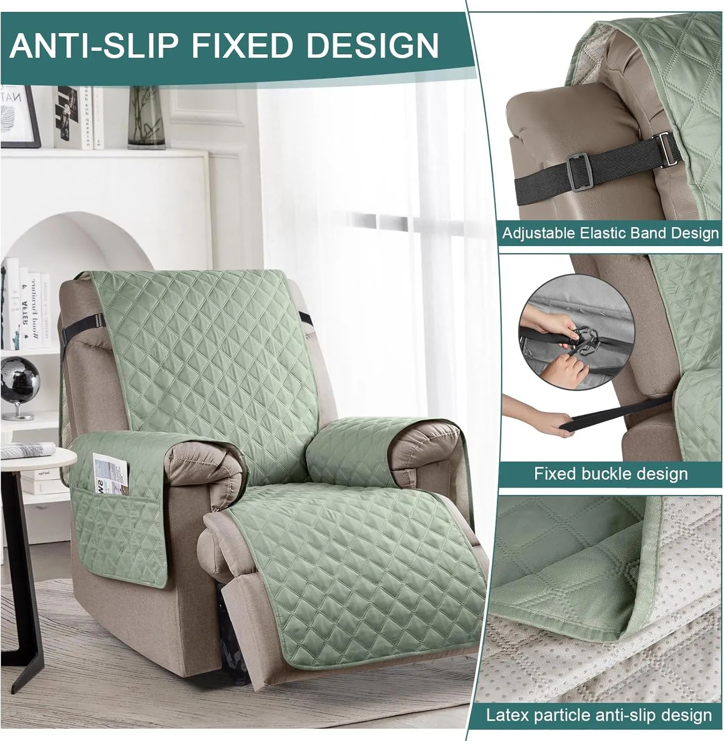 Ruaozz 100% Waterproof Recliner Chair Cover Non-Slip Reclining Cover for Recliner Chair Washable Chair Seat Cover with Elastic Straps for Kids, Dogs, Pets (Sage Green, 25'')